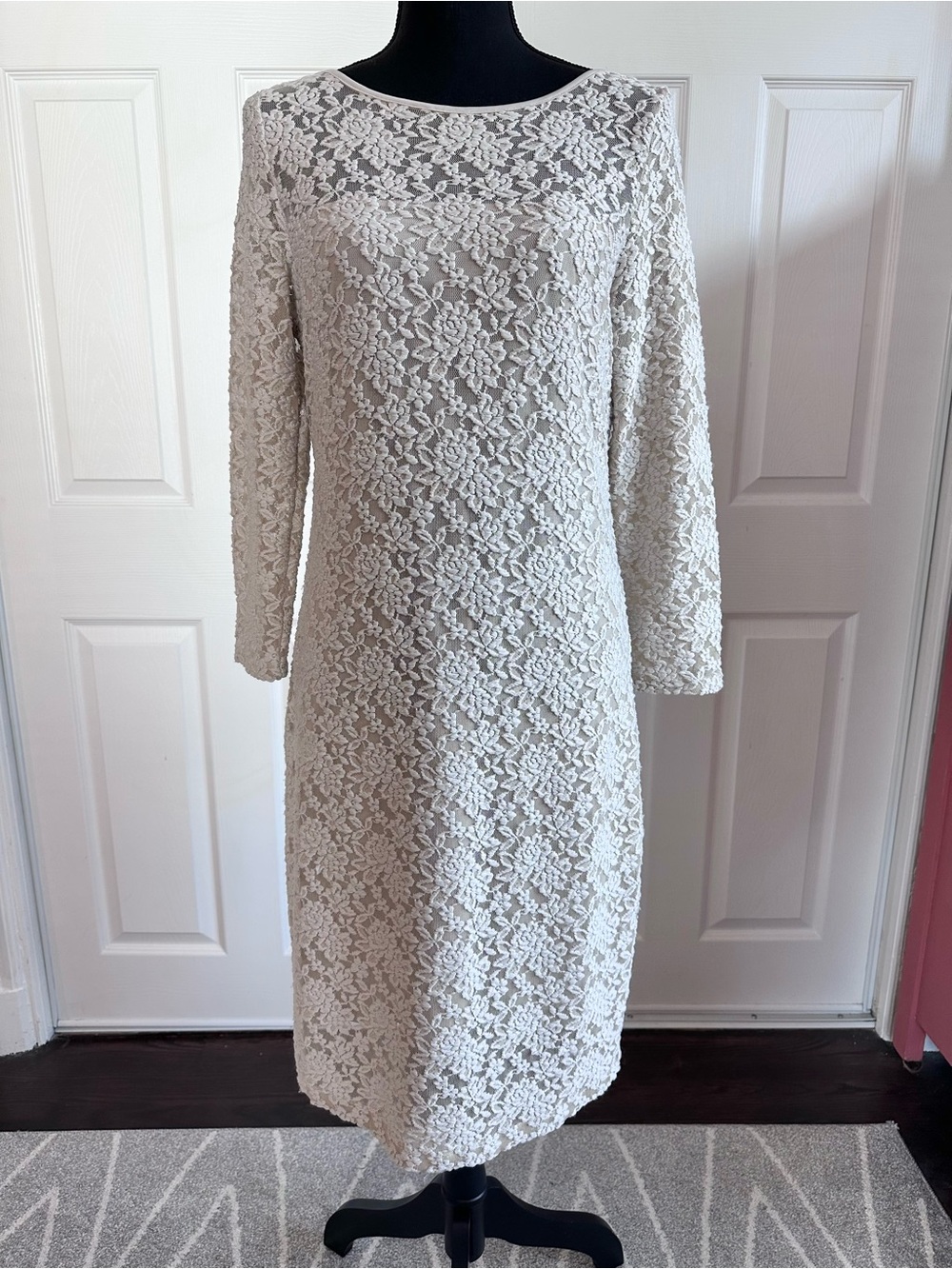 Ellen Tracy Ivory & Nude Stretch Lace Midi Cocktail Dress